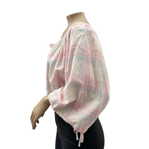 FORE‎ Pink White Plaid Off-Shoulder Tunic Blouse Cropped Womens S - Picture 10 of 10